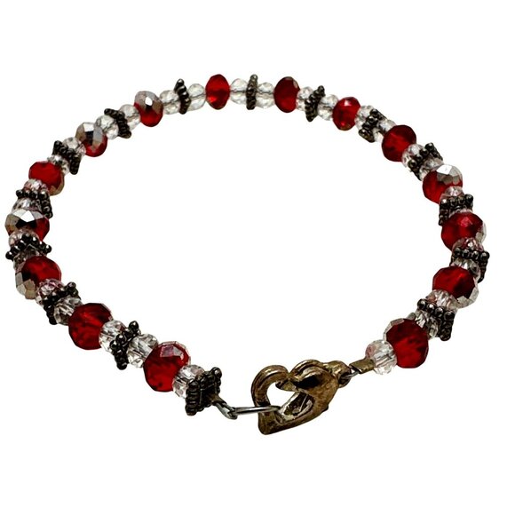 Holiday Elegant Beaded Bracelet Red Clear Heart Clasp Eveningwear Dainty Preppy - Picture 4 of 7